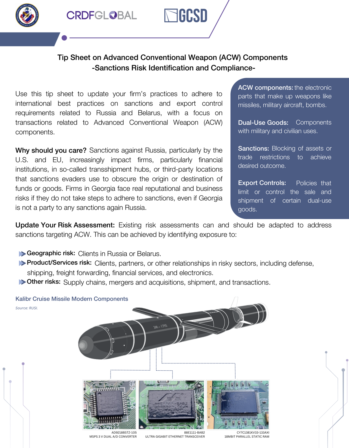 Tip Sheet on Advanced Conventional Weapon (ACW) Components: Sanctions Risk Identification and Compliance